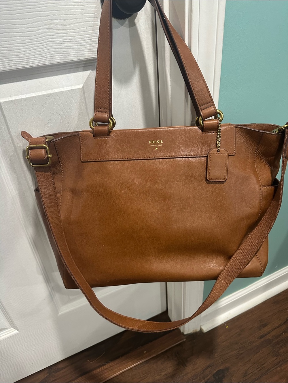 Fossil Leather Tote in Cognac Brown